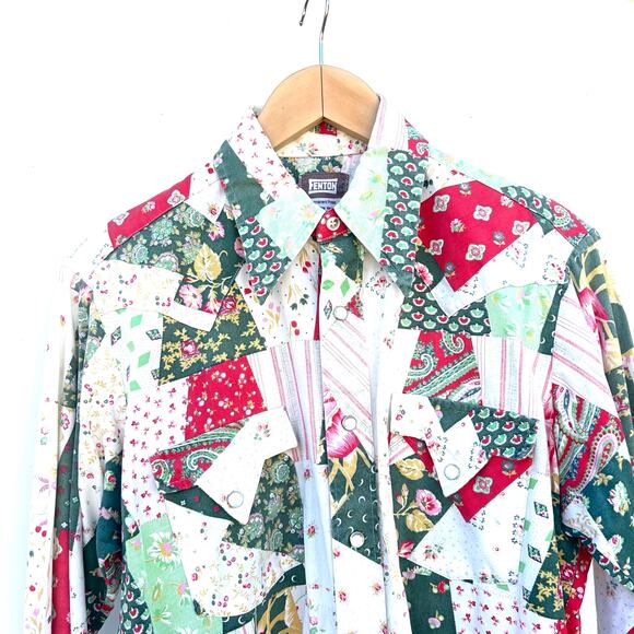 Vintage 1970s Fenton Granny Quilt Patchwork Button Down Shirt 36 Pearl Snaps - Picture 5 of 9